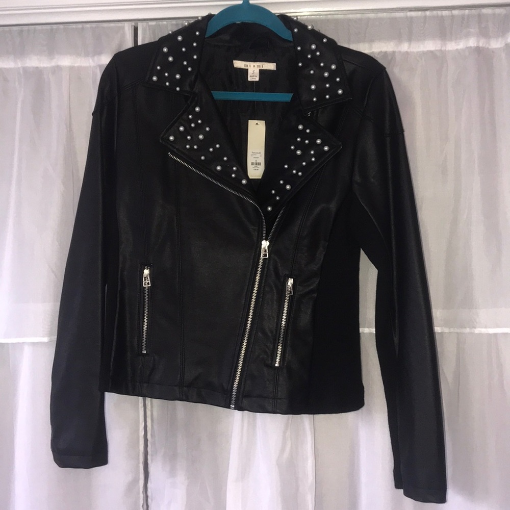 black leather jacket with pearl detailing